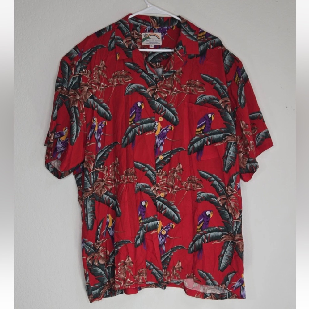 Paradise Found Hawaiian Shirt Red Parrots Bird Tropical Magnum PI Size XL Mens